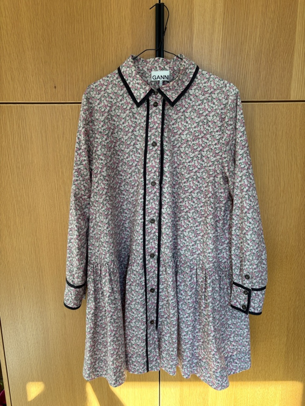 Ganni Pink Floral Long-Sleeve Button Dress with Black Trim